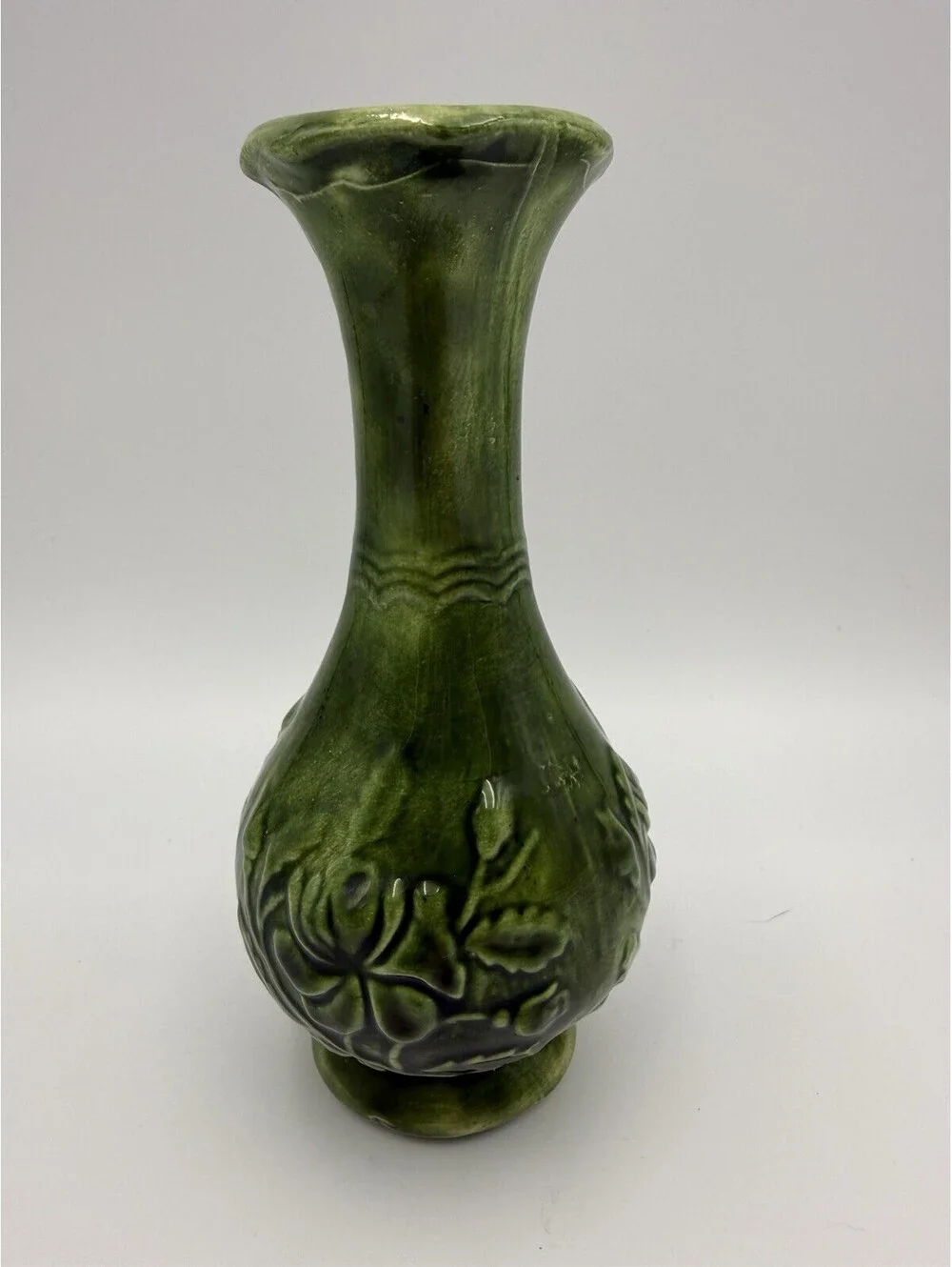 Vintage Green Floral Handmade Signed Vase 6”